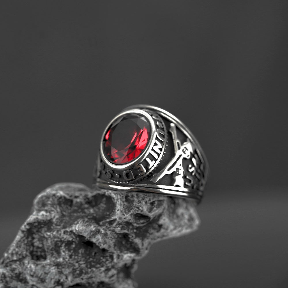 European and American Jewelry Wholesale Men's Titanium Steel Ring Retro Hip-Hop Red Stone Ring