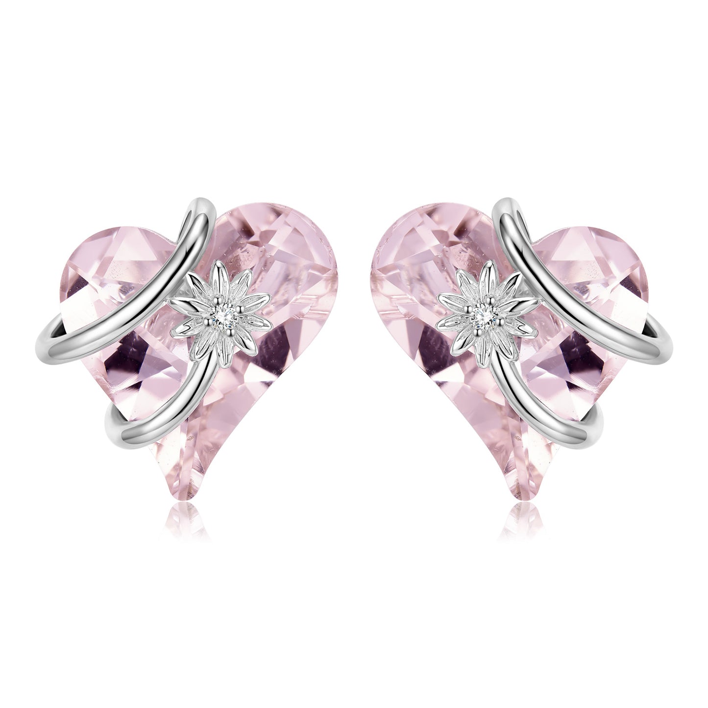 Heart Shape Pink Zircon Entangled Flower Silver Stud Earrings