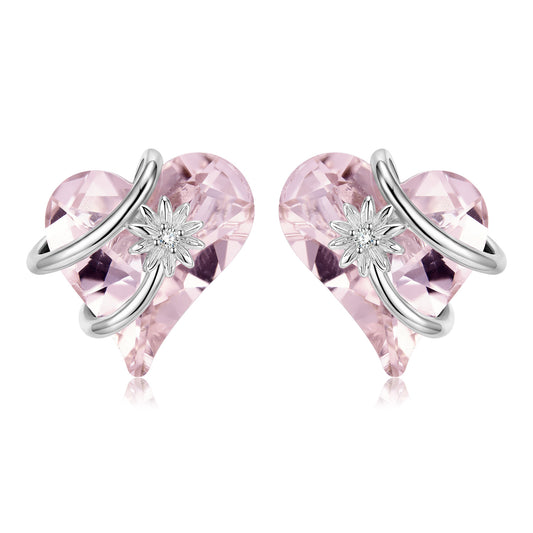 Heart Shape Pink Zircon Entangled Flower Silver Stud Earrings