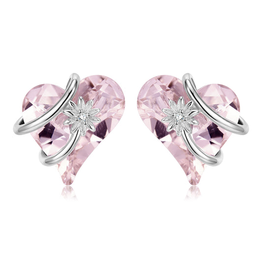 Heart Shape Pink Zircon Entangled Flower Silver Stud Earrings