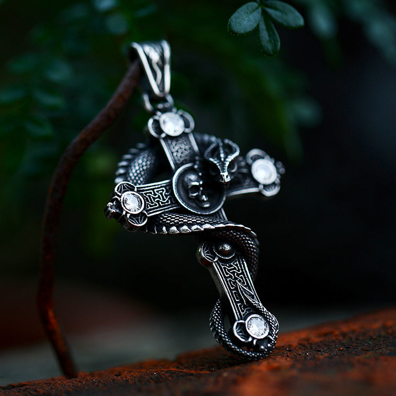 Titanium Steel Retro Cross Dragon Pendant for Men - Foreign Trade Inlaid Stone Jewelry