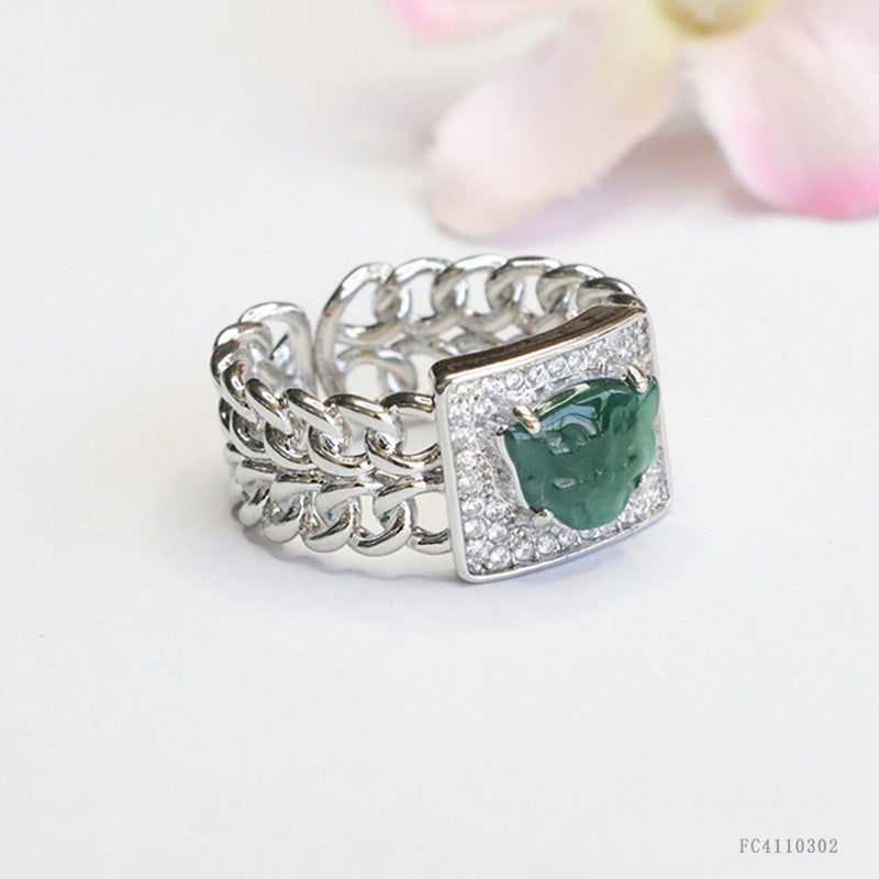 Blue-Water Jadeite Tiger Head Ring