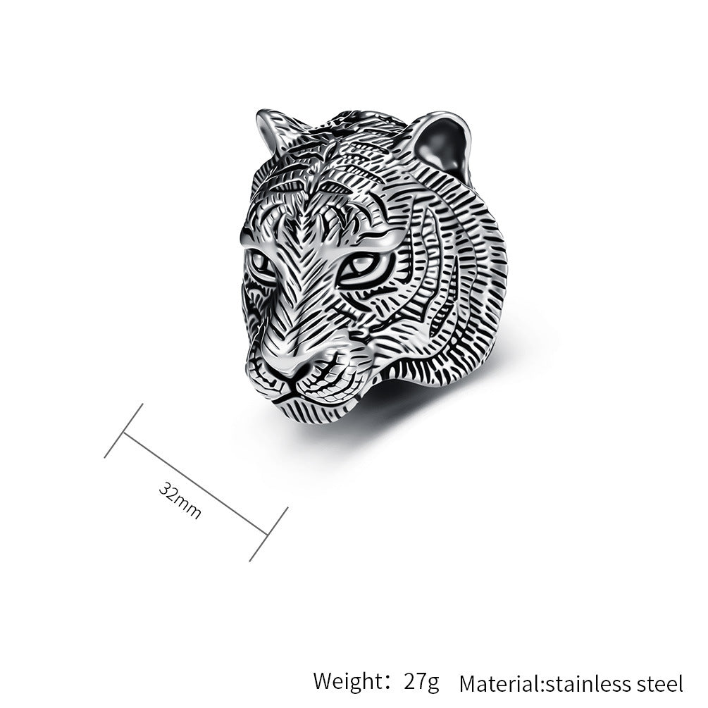 Planderful 3D Tiger Head Ring for Men Titanium Steel Durable Retro Domineering Style