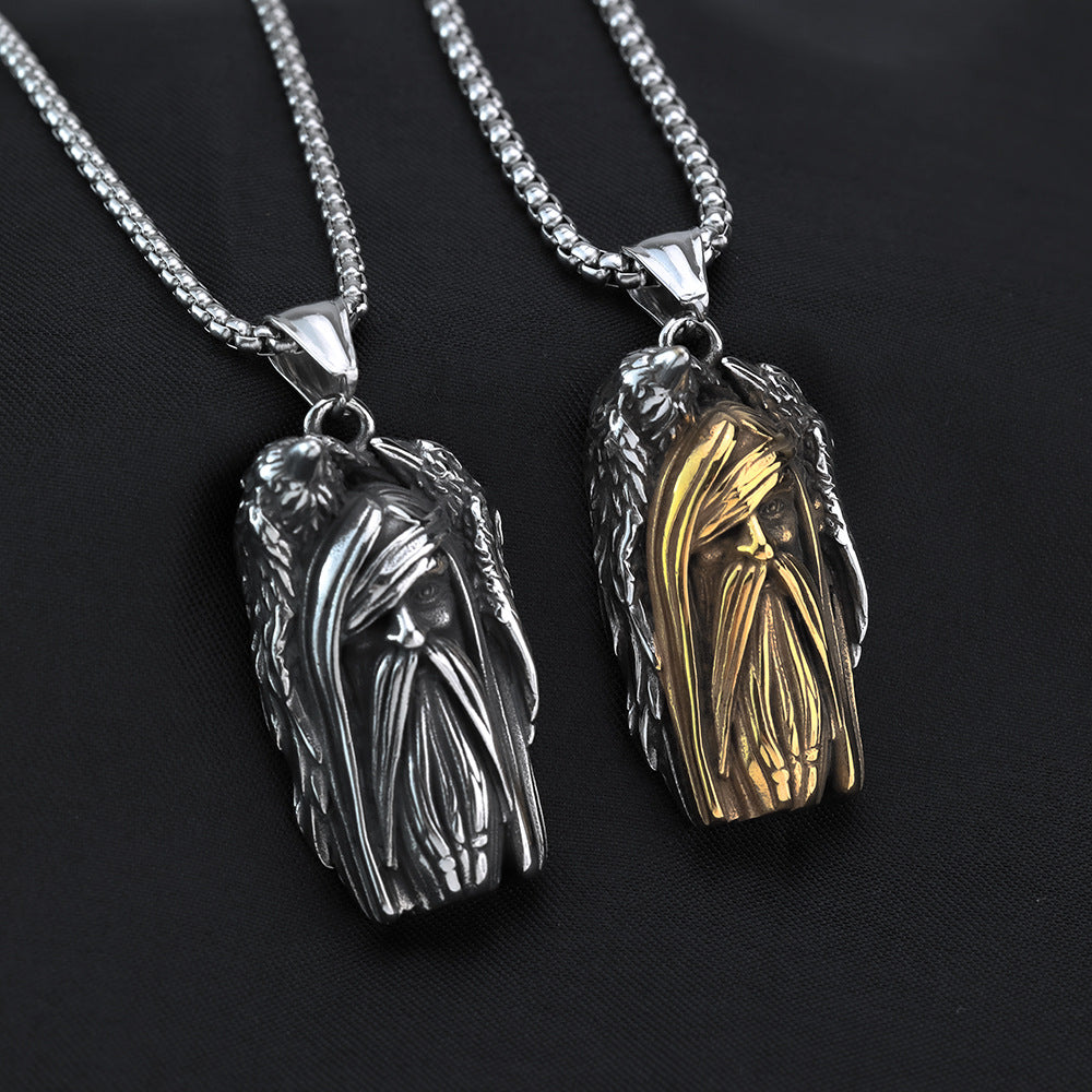 Planderful Shop 3D Avatar Pendant Necklace Vintage Stainless Steel Nordic Viking Bird Wing Feathers For Men Norse Legacy