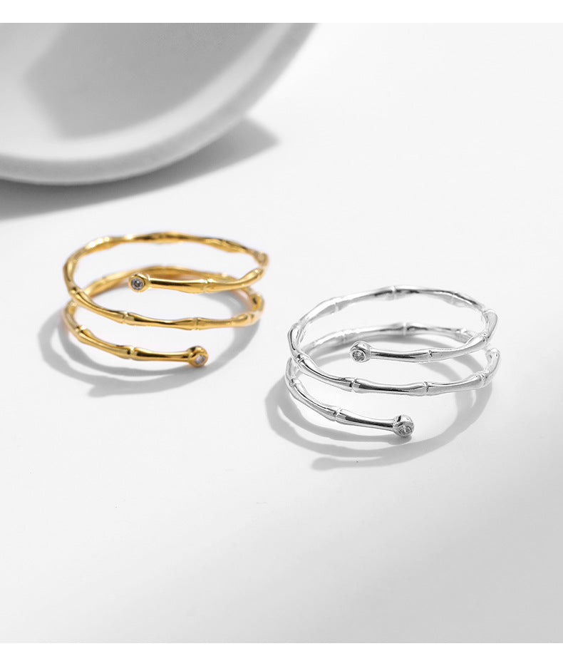 Sterling Silver Adjustable Bamboo Line Ring with Zircon Gem Embedded