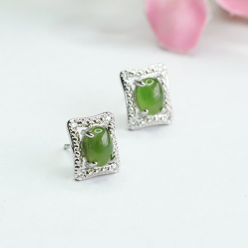 Rectangular Sterling Silver Earrings with Hetian Jade Insets