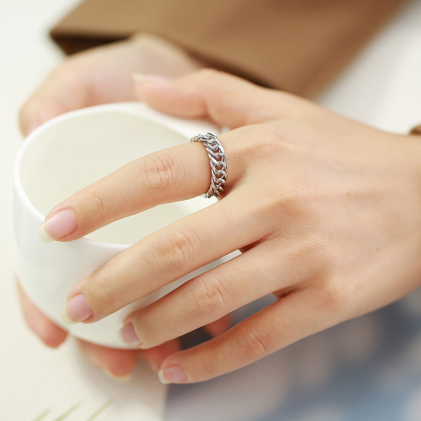 Stainless Steel Chain Ring Steel Color Gold Lady Jewelry