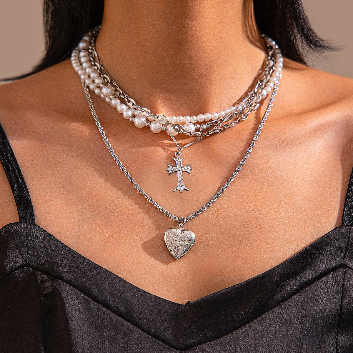Pearl Cross Heavy Layered Choker