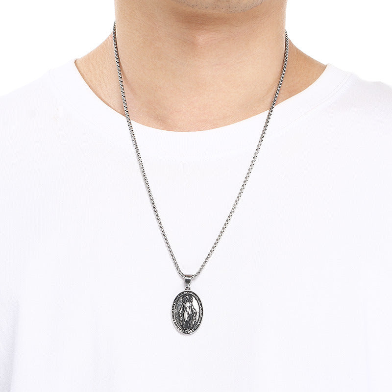 Double Sided Totem Guardian Charm Shield Pendant, Vintage Portrait Cross Sacred Heart Necklace