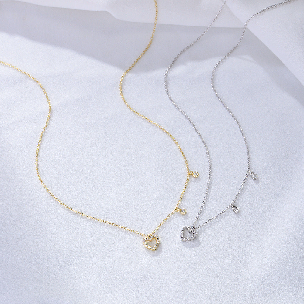 S925 Sterling Silver Hollow Zircon Love Necklace Internet Celebrities Heart-Shaped Clavicle Chain