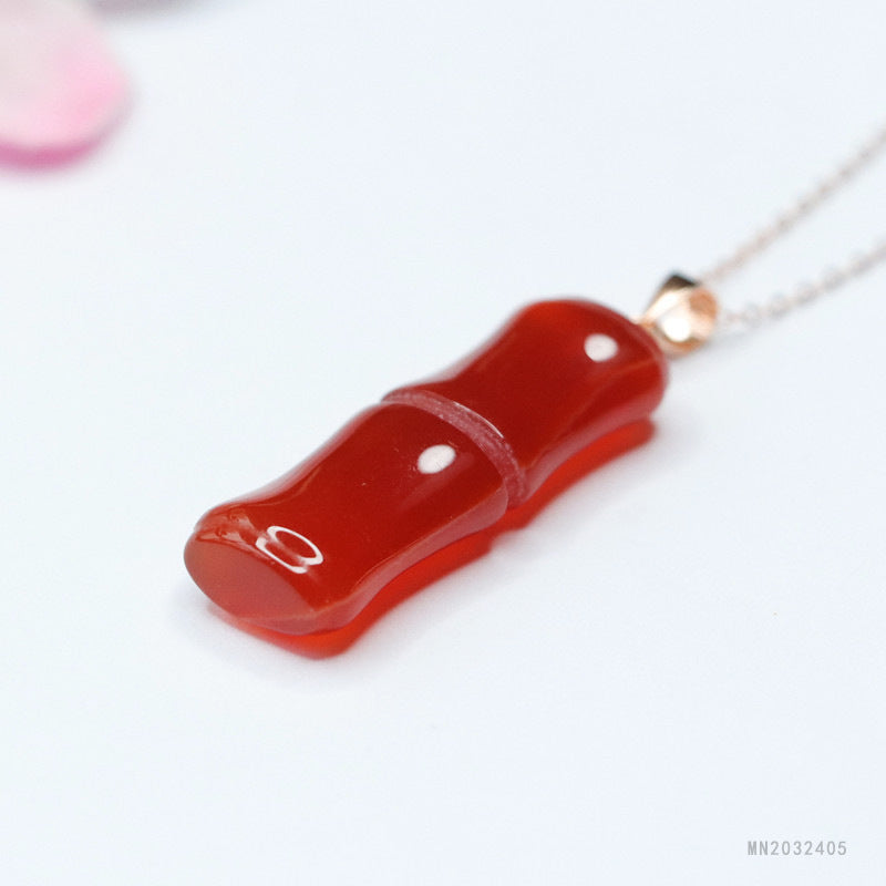 Red Agate Bamboo Silver Pendant — No Chain