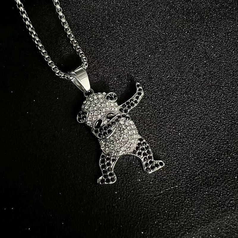 Steel Necklace - Statement Panda Pendant Necklace With Rhinestones West Coast Hip Hop Inspired