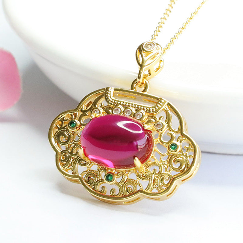 Lab-Grown Ruby Ruyi Lock Pendant — No Chain