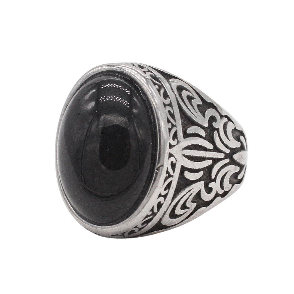 Planderful Jewelry Mens Steel Ring With Retro Stone European American Style Timeless Accessory