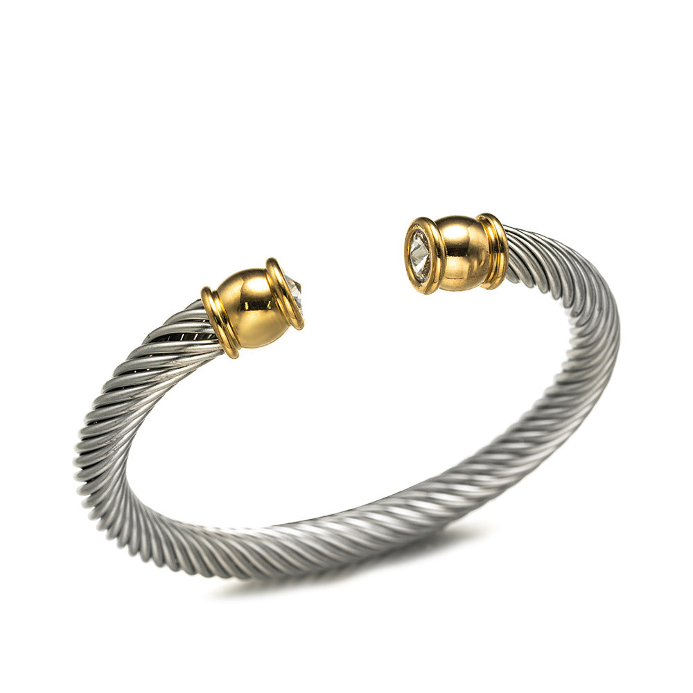 Planderful Collection Everyday Genie Titanium Steel Bracelet For Men Zircon Encrusted Open Twist