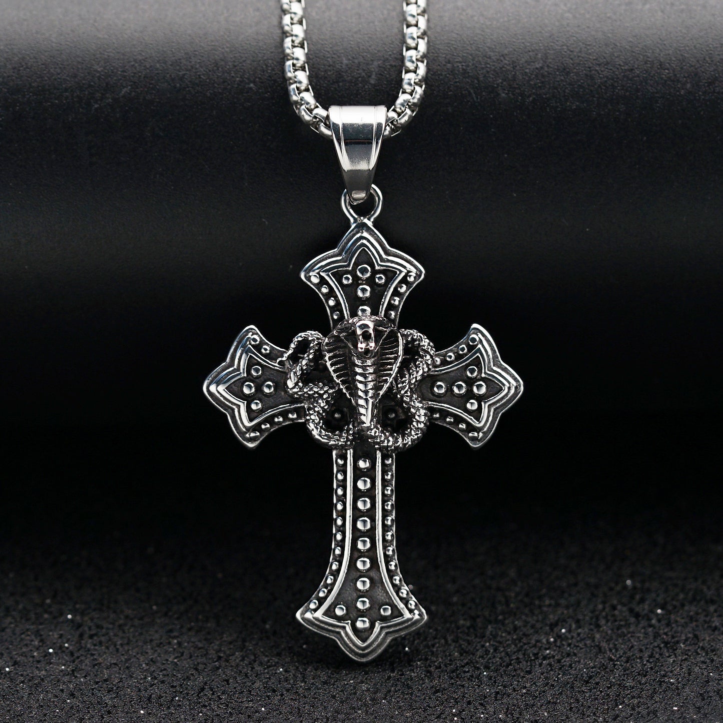 Steel Necklace - Vintage Cross Engraved Cobra Pendant