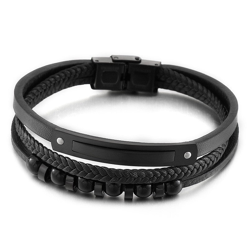 Planderful Mens Personalized Woven Leather Beaded Bracelet