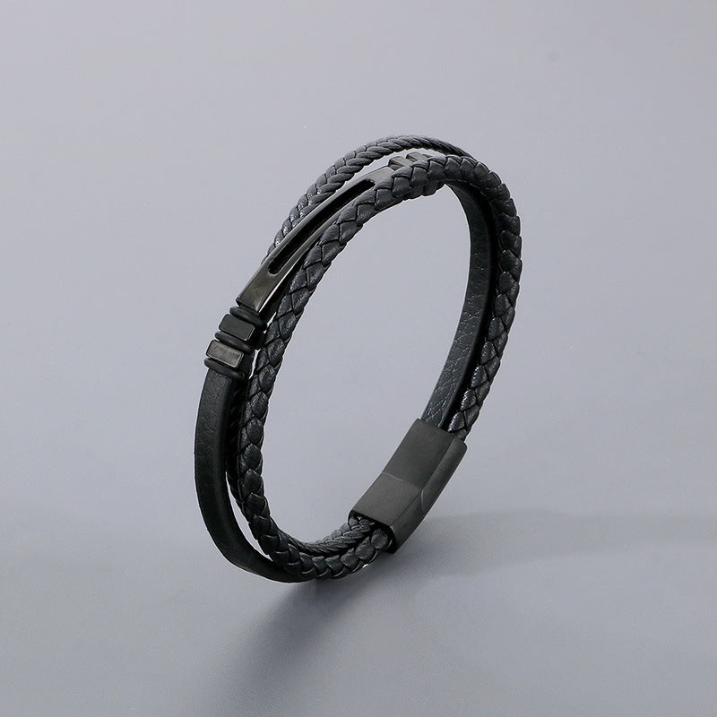 Multi-Layer Leather Rope Bracelet – Black Woven Leather Layered Stainless Steel