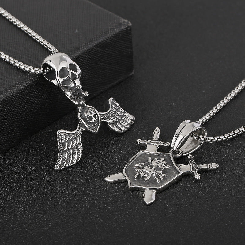 Exaggerated Angel Wings and Pirate Skull Pendant in Titanium Steel for Men