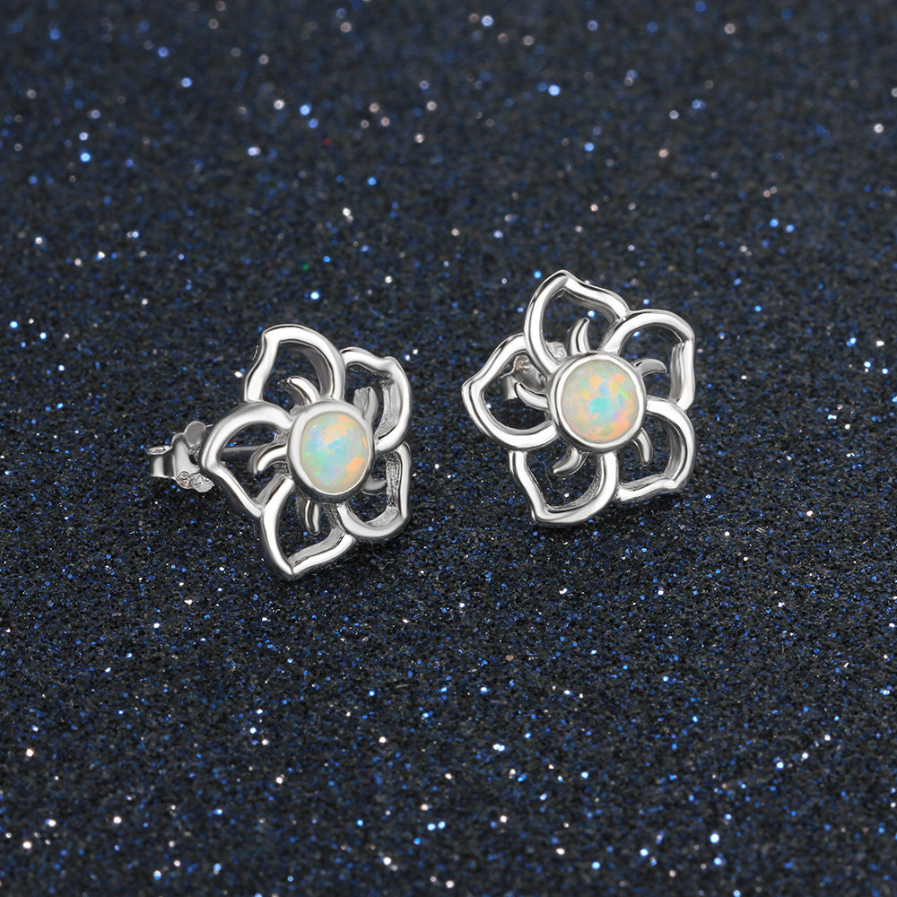 Planderful Jewelry Opal Earrings In Sterling Silver Flower Studs For Everyday Elegance