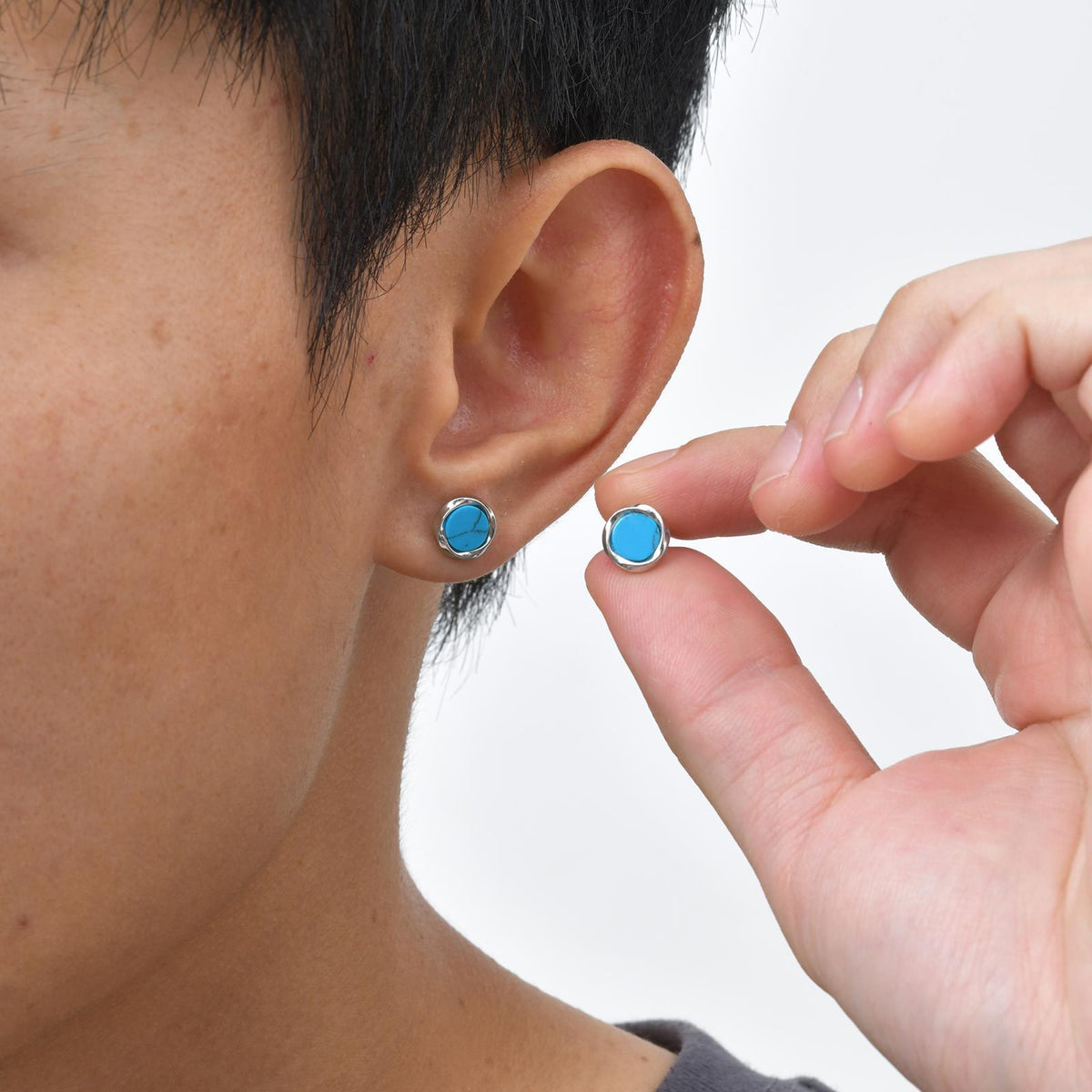 Copper Stone-Inlay Single Earrings — Tiger's Eye or Turquoise