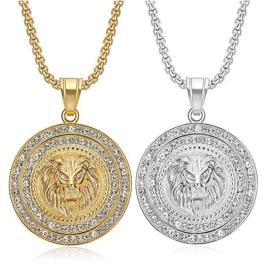Rhinestone Necklace - Luxury Lion Head Pendant, Gold-Plated Stainless Steel, Planderful Hip Hop Jewelry
