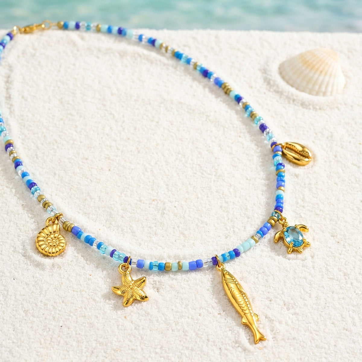 Ocean Wind Stainless Steel Ocean Fish Conch Starfish Dopamine Blue & White Color Beaded Necklace