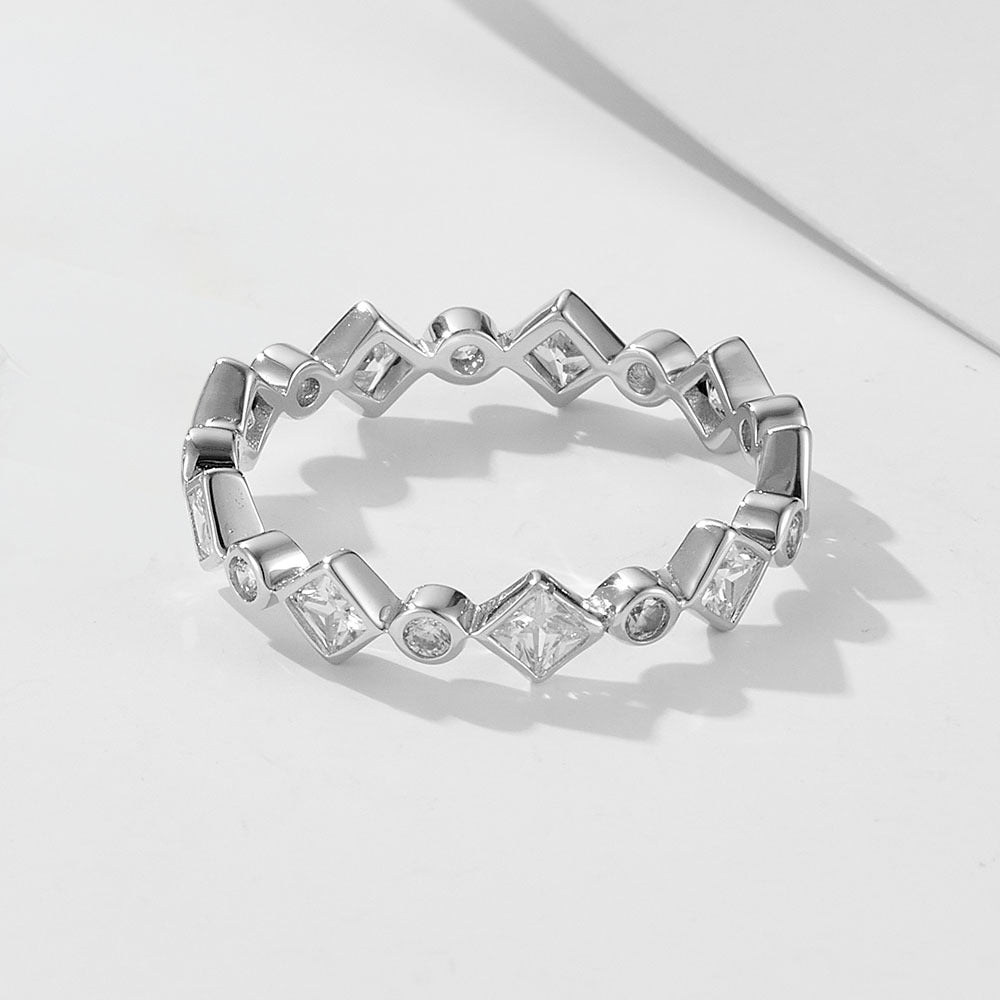 Geometric Rhombus Full Circle Zircon Sterling Silver Ring Tide Luxury Ring