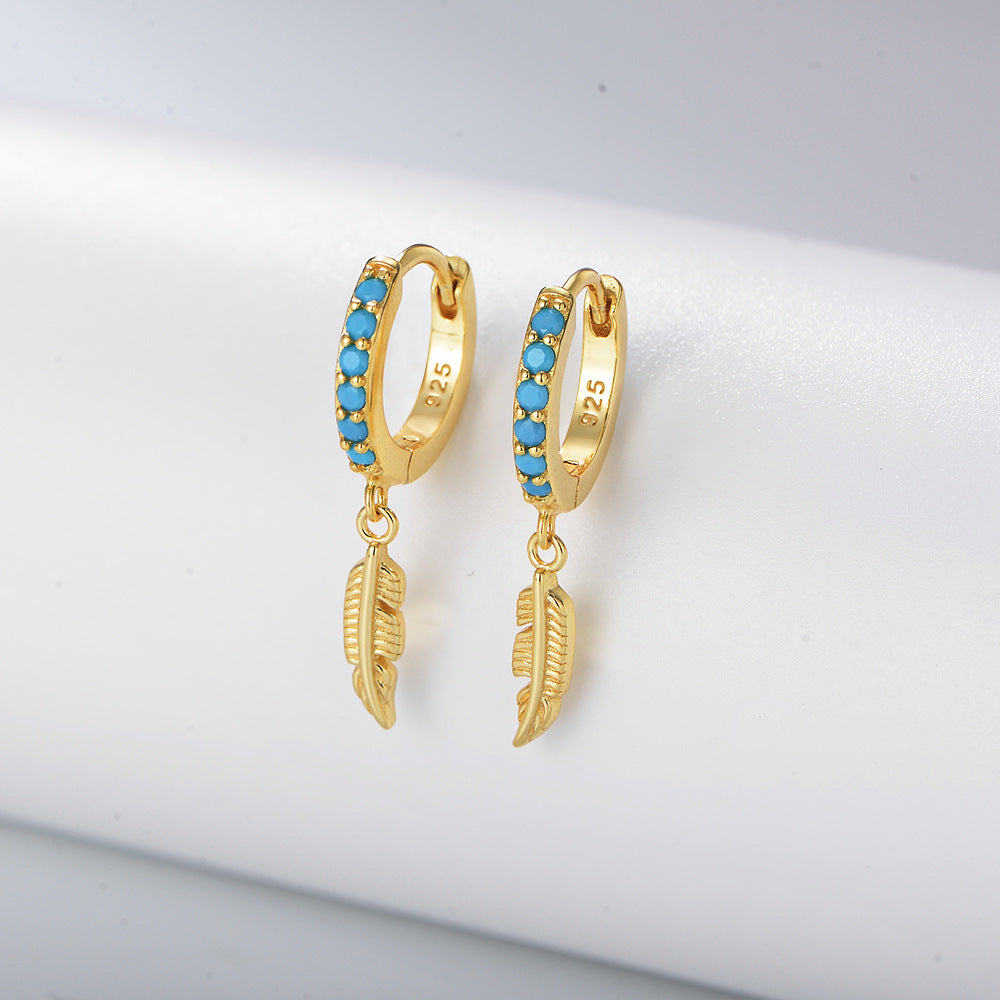 S925 Sterling Silver Turquoise Feather Ear Buckle Earrings High-End Earrings