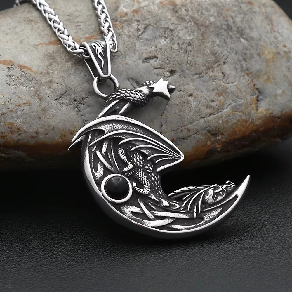 Vintage Viking Moon Stainless Steel Men's Pendant Necklace