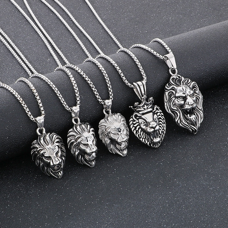 Planderful Lion Head Zircon Pendant Steel Mens Necklace