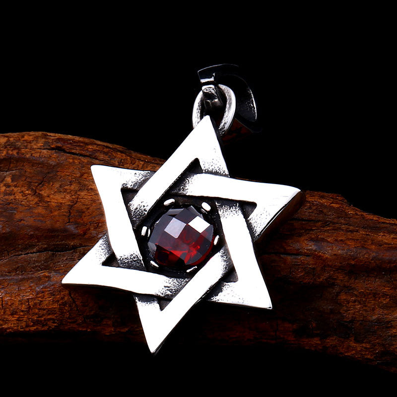 Gothic Hexagram Titanium Steel Pendant with Stone, Retro Personalized Design for Men