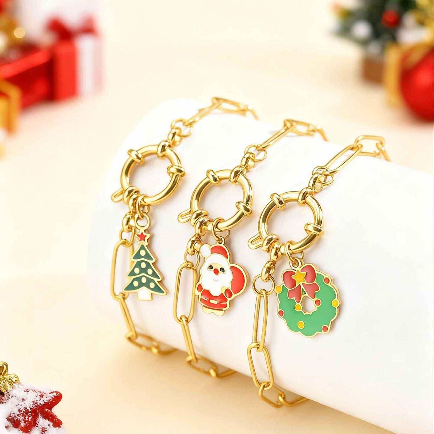 Stainless Steel Autumn & Winter Santa Claus Christmas Tree Snowman Imitation Pearl Necklace