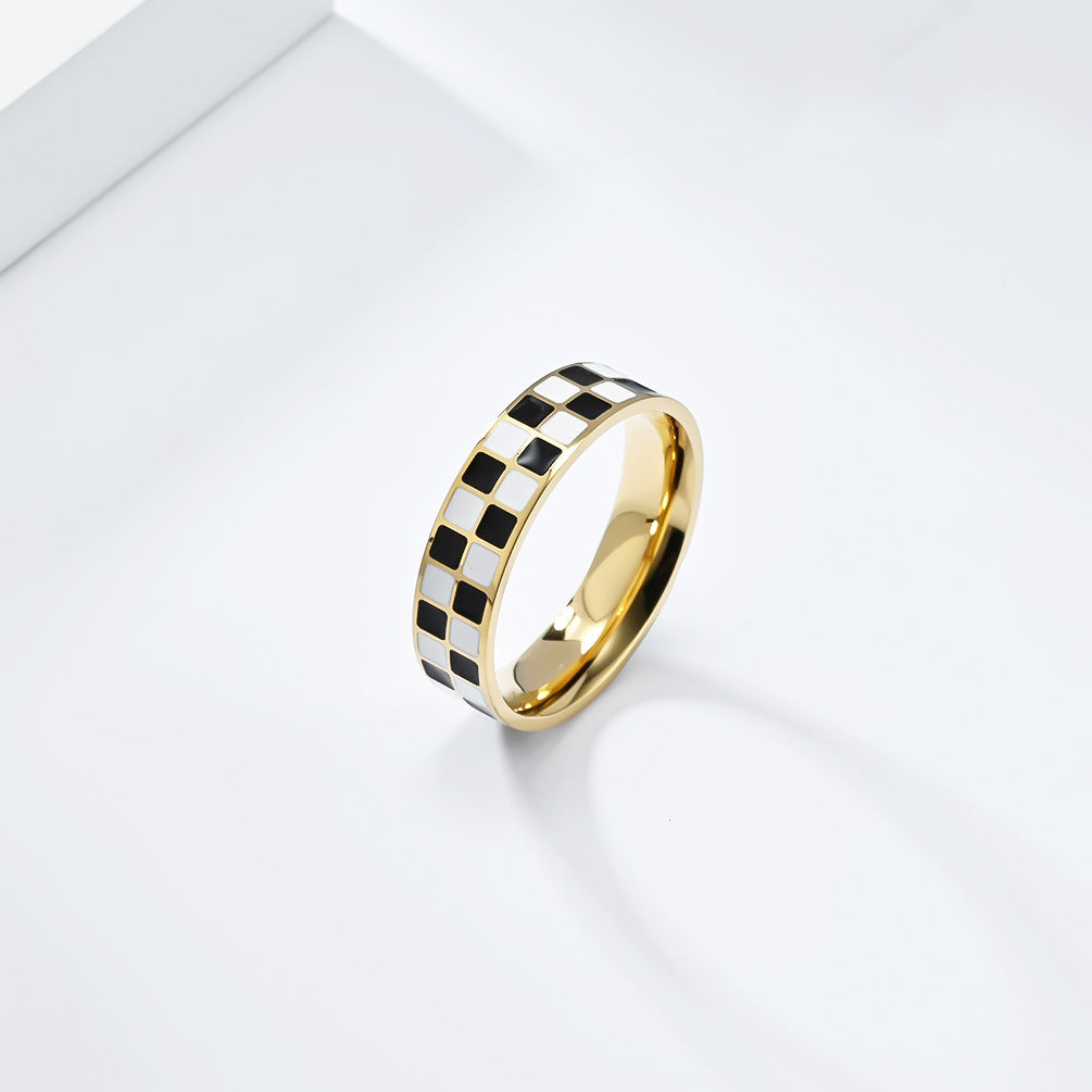 European And American Fashion Black And White Checkerboard Stainless Steel Tail Ring Women's Square Fashion Jewelry