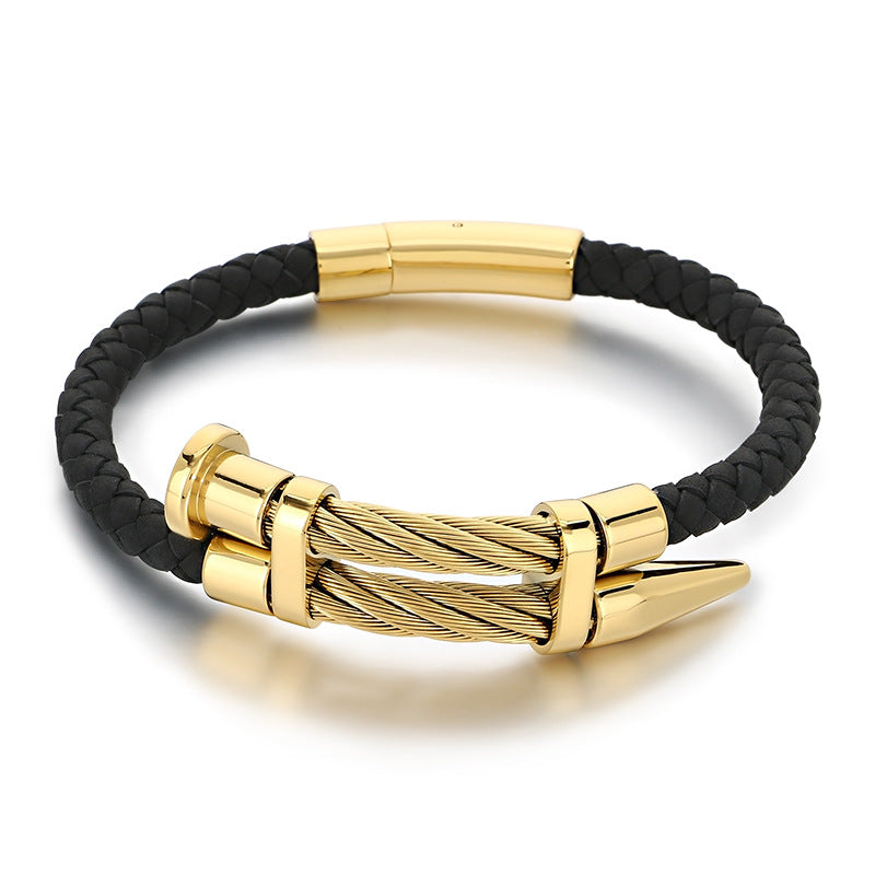 Steel Wire Nails Magnetic Buckle Bracelet – Punk Style Niche Dot Riveted Woven Leather