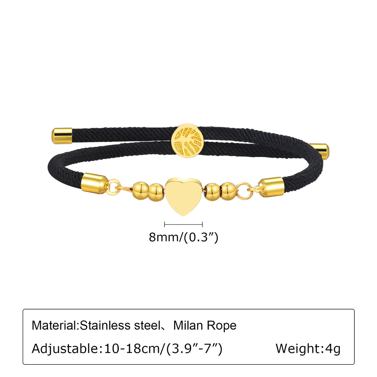 Stainless Steel Heart-Shaped Gold Round Beads Copper Tree Of Life Black Milan Rope Bracelet