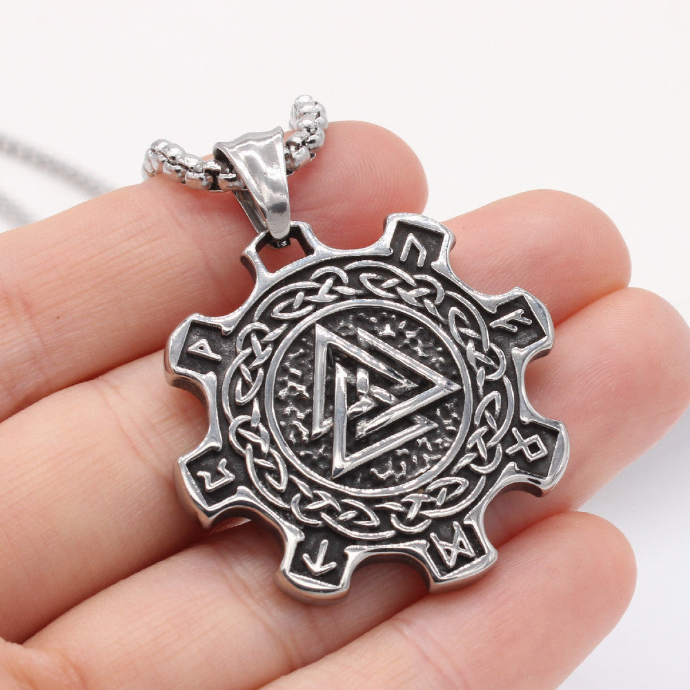 Viking Pendant Titanium Steel Gear Necklace Durable Retro Triangle Design For Men And Unisex Planderful