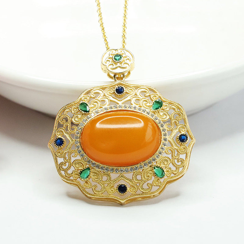 Sterling Silver Palace Style Beeswax Amber Pendant Necklace with Auspicious Cloud Design