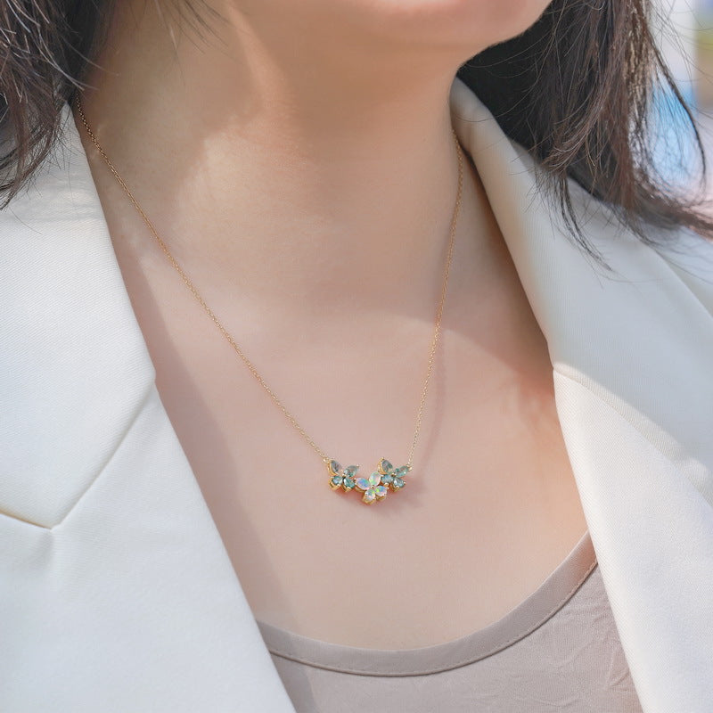 S925 Sterling Silver Gold-Plated Moss Agate Petal Pendant Necklace