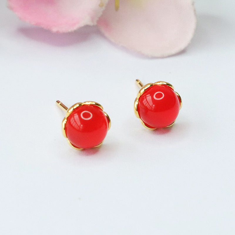 Green and Red Agate Sterling Silver Stud Earrings with Golden Petal Edge