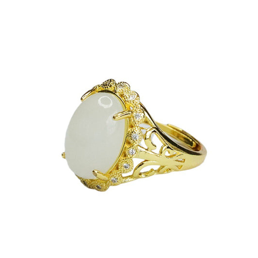 Exquisite Fortune's Favor Sterling Silver Ring with Oval White Hotan Jade and Zircon Petals