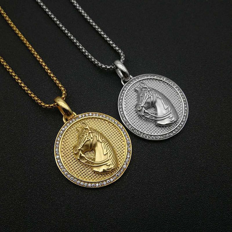 Planderful Hip Hop Necklace Unisex Gold Plated Titanium Steel Zircon Disc Horse Head Pendant