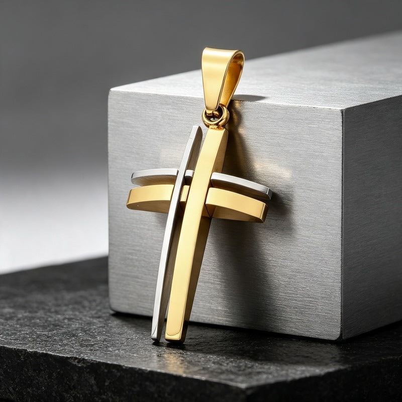 Niche Simple Pendant, Mixed Color Double-Layer Dislocation Hollow Cross Stainless Steel Men's Pendant Necklace