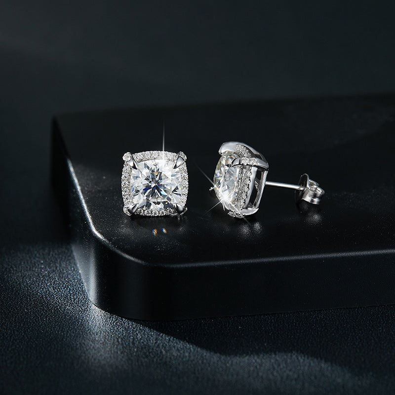 Planderful Moissanite Halo Stud Earrings 8mm Princess Cut Square S925 Silver For Her