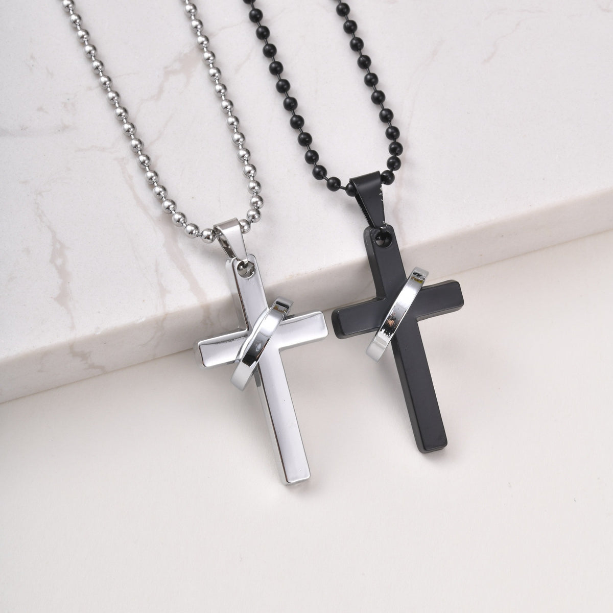 Version Of Men's Stainless Steel Color Matching Cross Ring Pendant Commuter Necklace