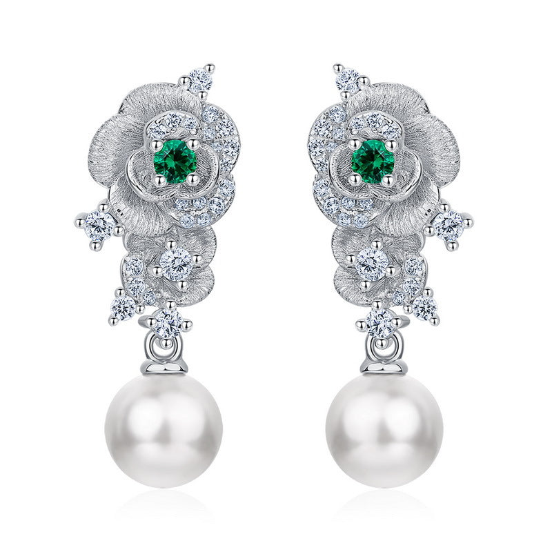 S925 Sterling Silver Lab-Grown Emerald & Pearl Flower Stud Earrings