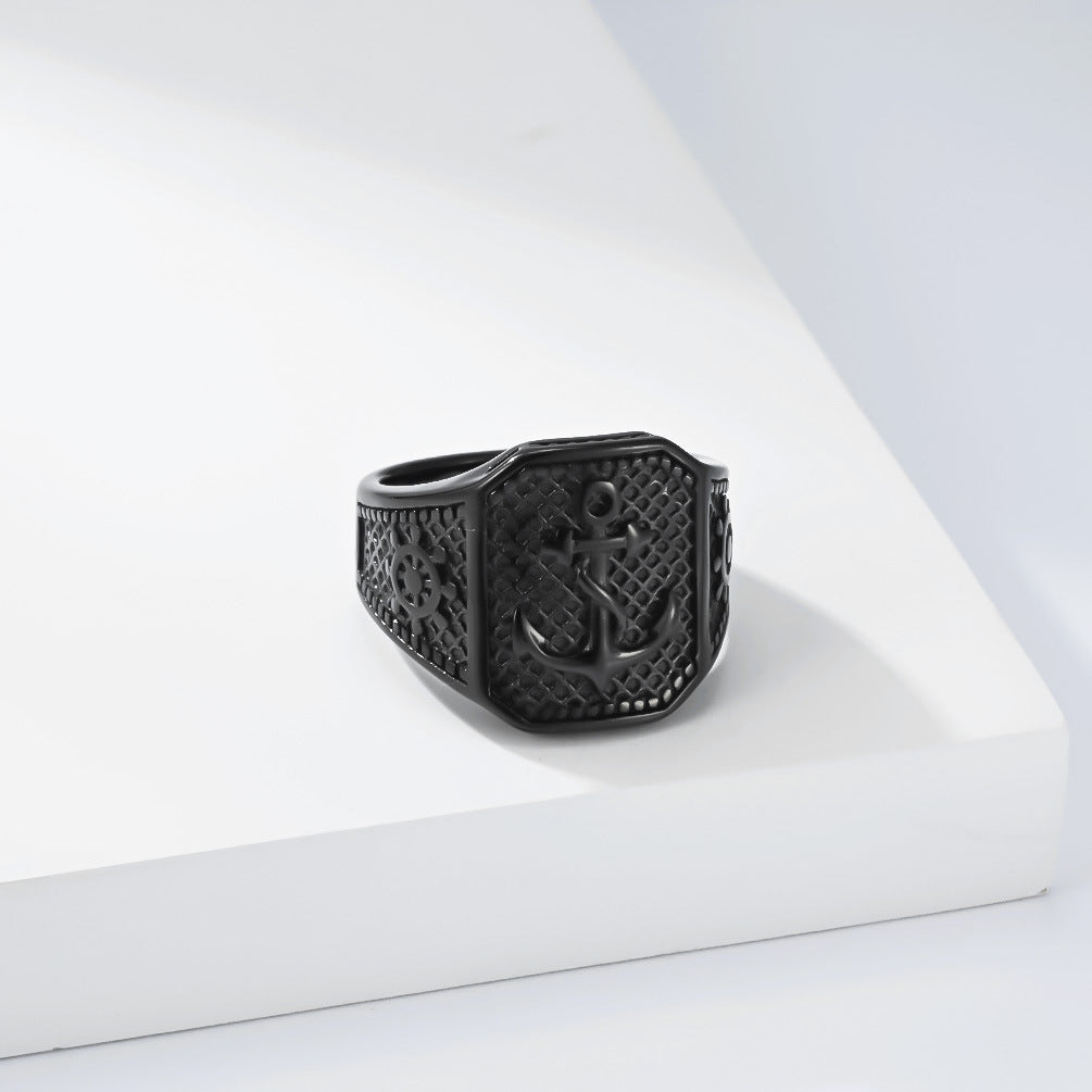 Nautical Anchor Ship Wheel Textured Vintage Stainless Steel Ring for Men