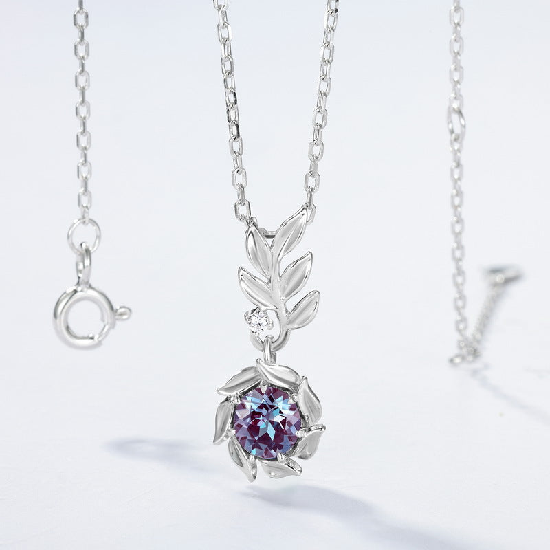 S925 Sterling Silver Lab-Grown Alexandrite Flower Necklace