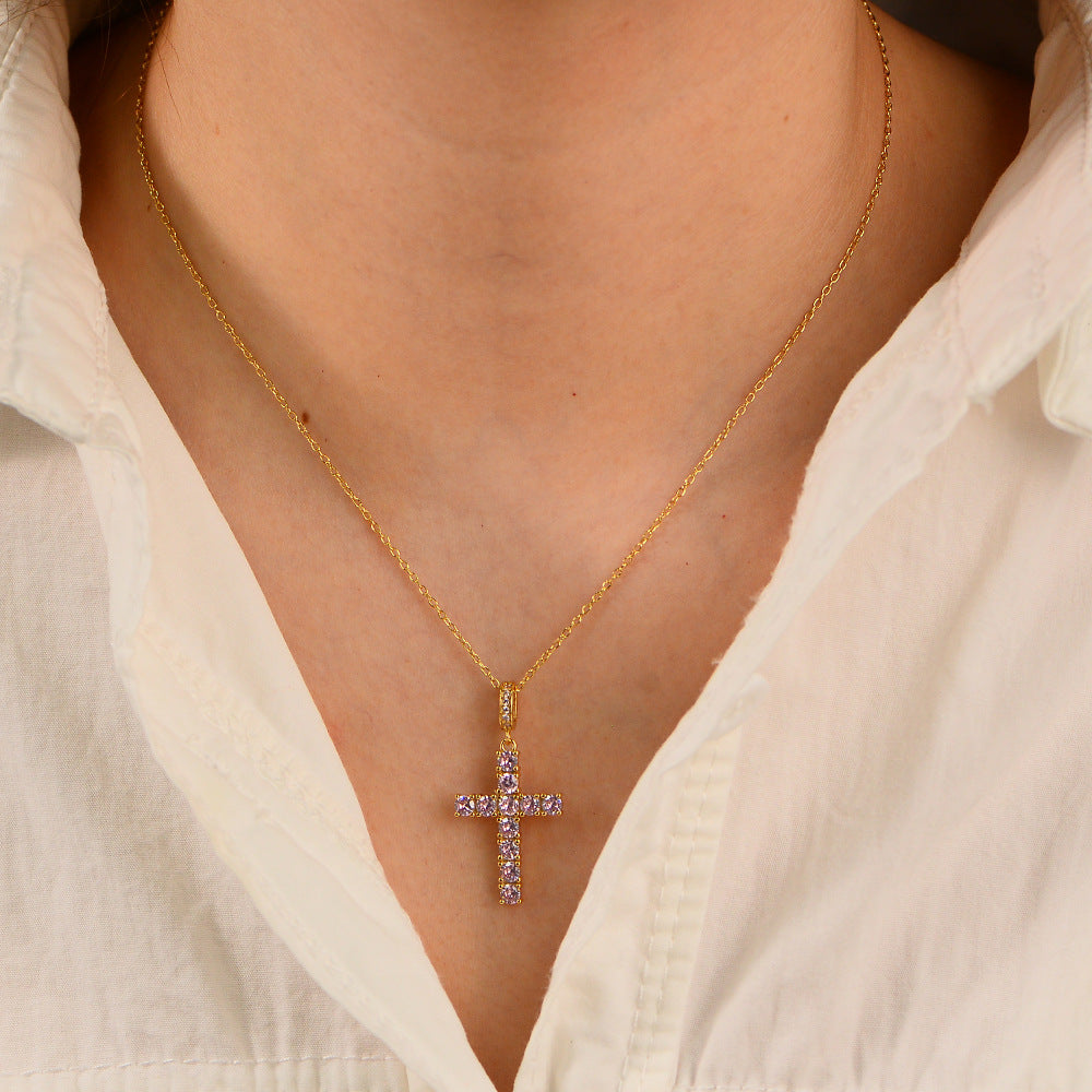 Hip Hop Cross Necklace 925 Sterling Silver Hipster Pink Zircon Pendant