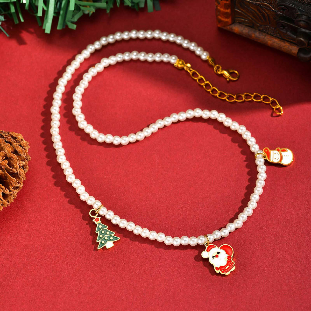 Stainless Steel Autumn & Winter Santa Claus Christmas Tree Snowman Imitation Pearl Necklace